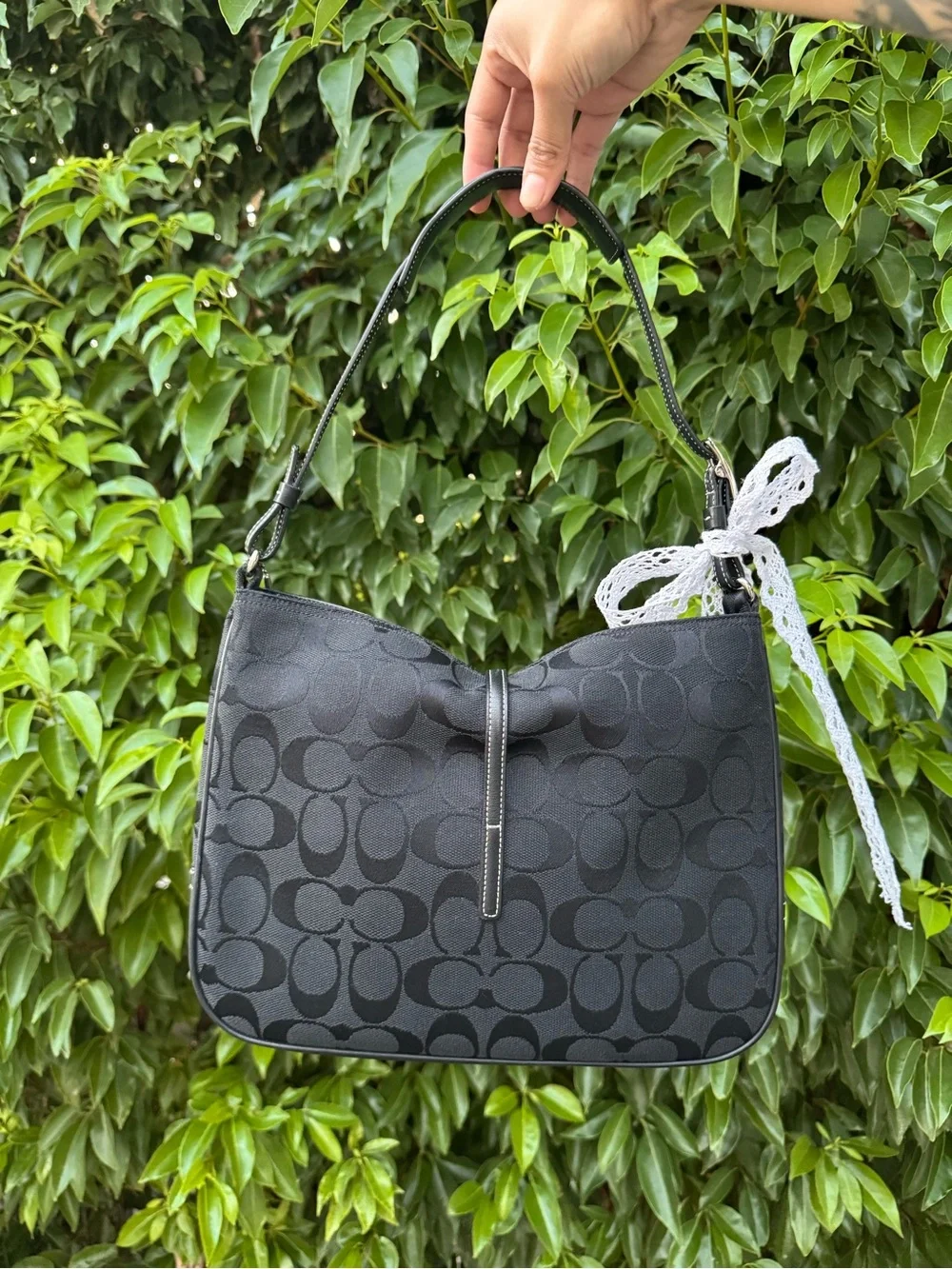 Y2K Coach Black Signature Jacquard Hamptons Hobo Shoulder Bag